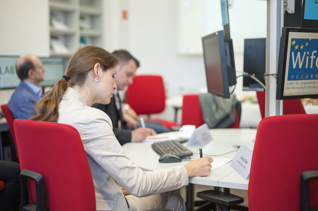 Frauen und Männer an PC Arbeitsplätzen zeigt Seminar im Labor für Wirtschaftsförderungen der Hochschule Harz