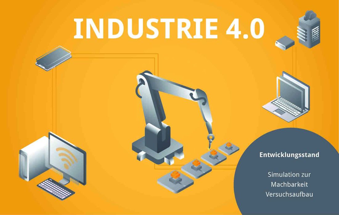 Grafik Industrie 4.0 mit Kran, Laptop, W-Lan, Fabrik