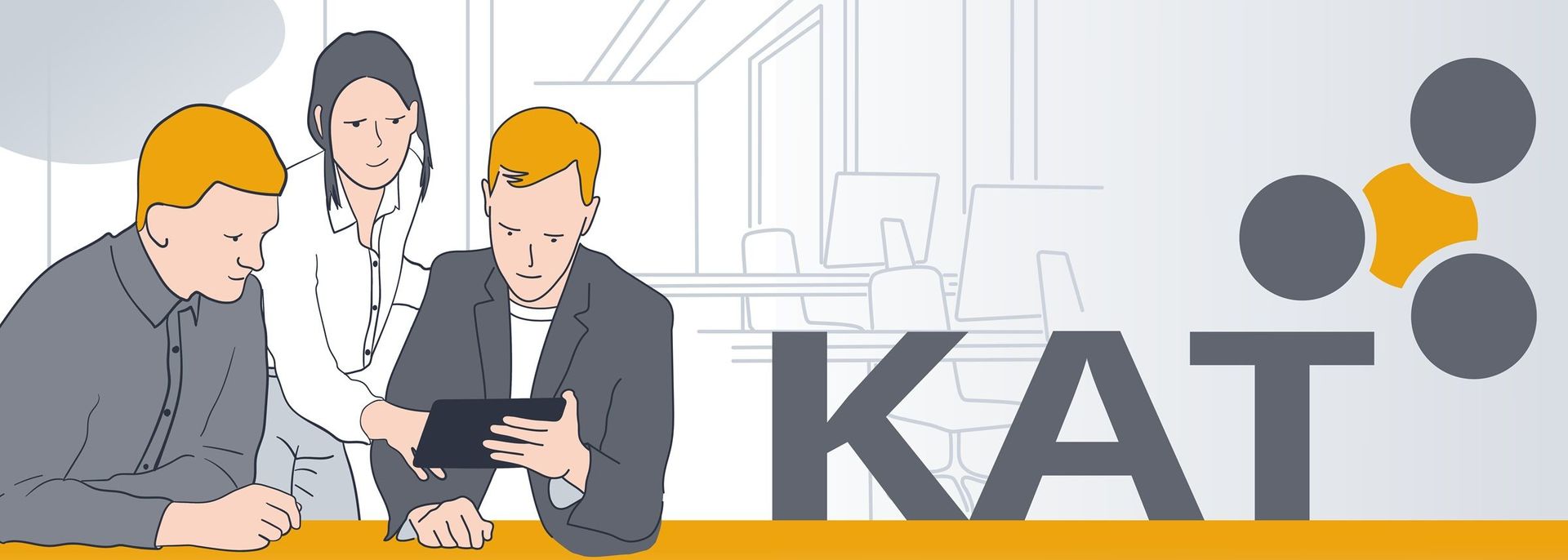 Zeichnung einer Arbeitsszene, drei Menschen schauen auf ein Tablet, im Hintergrund ist ein Büroraum, rechts ist das KAT-Logo integriert