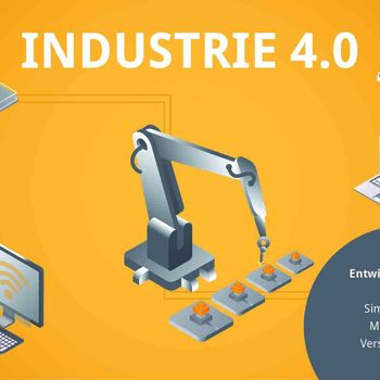 Grafik Industrie 4.0 mit Kran, Laptop, W-Lan, Fabrik