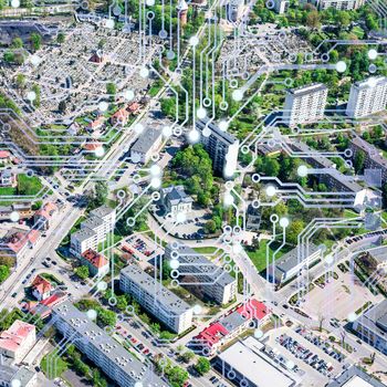 Stadtansicht von oben mit Strich- und Punktnetz. Symbolbild zum Artikel Xplanung von Hochschule Anhalt und IPSyscon FuE Projekt